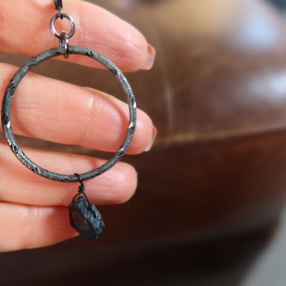 Watermelon tourmaline & blackened sterling silver front facing hoops earrings - Picture 9 of 16